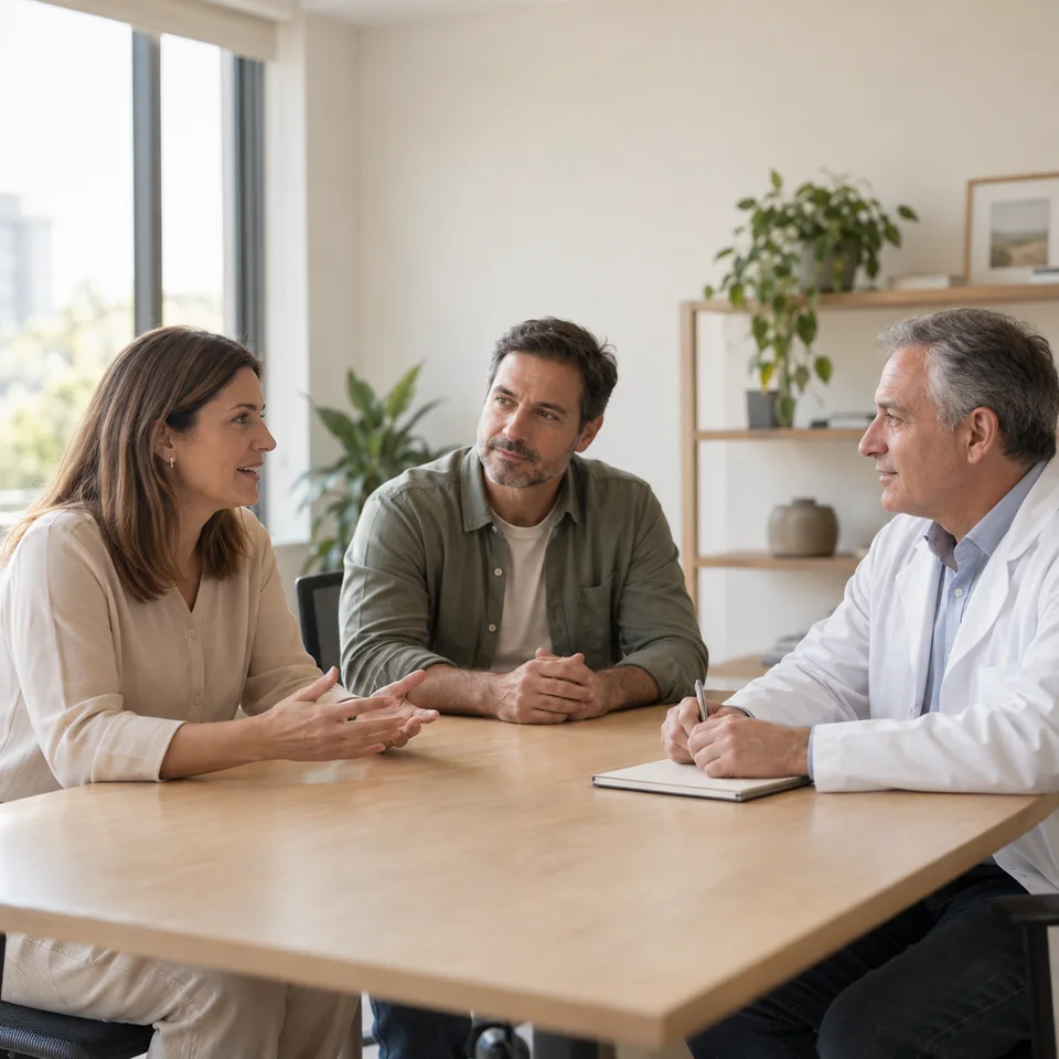 Médico y representantes de una empresa coordinando la atención de su personal